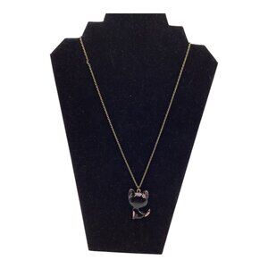 Black Cat Pendant Necklace W/ Brass Tone Chain Women Shinning Paint Finished 26”